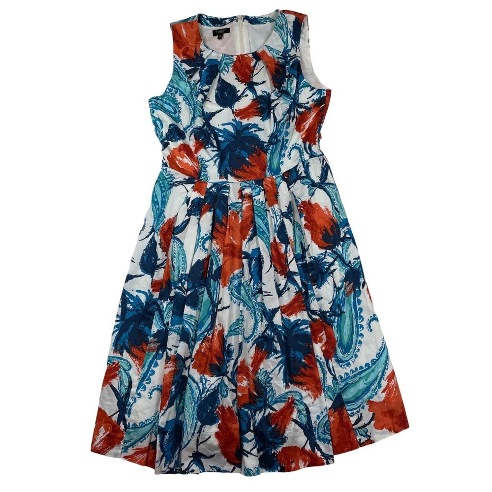 Talbots Paint Splash Floral Paisley Pleated Flare Dress Size 4P Teal Blue Red